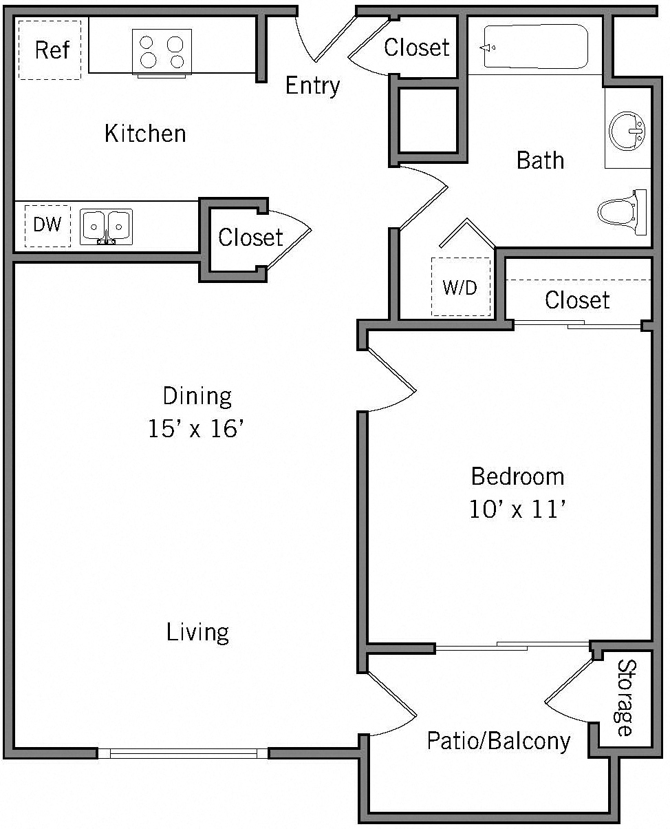 Floor plan for 1 bed, 1 bath, 656 sqft